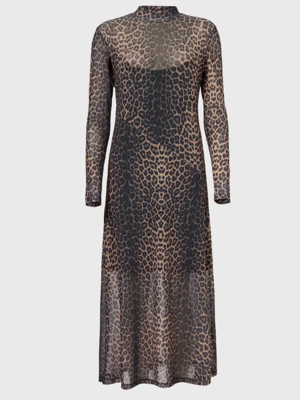 All Saints Long-Sleeve Leopard Mesh Dress in Brown and Black